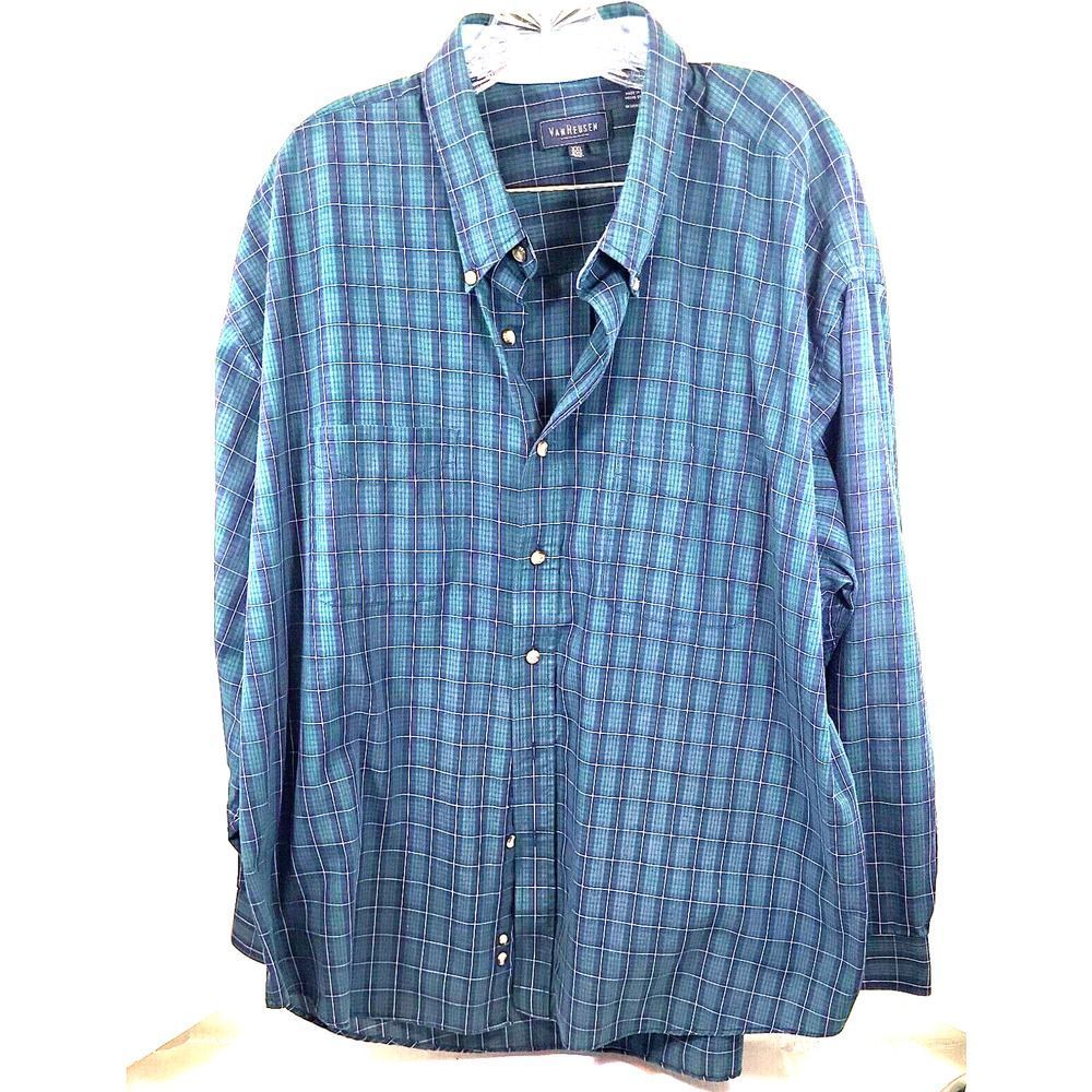 Van Heusen Mens Size XXL Long Sleeve Button Down Casual Plaid Green and Blue